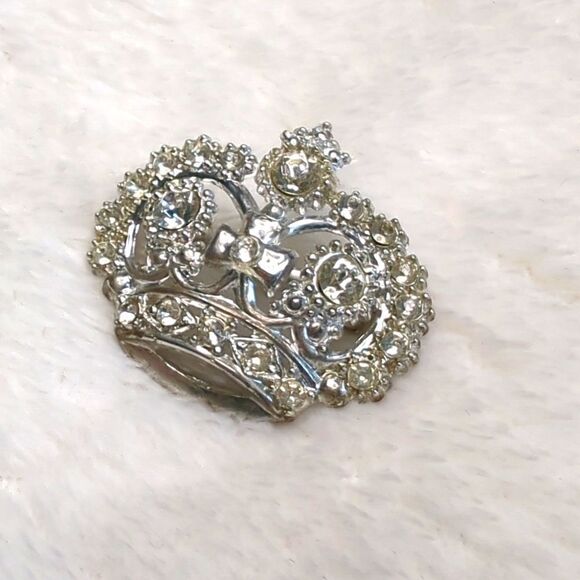 Vintage Silvertone and Clear Rhinestone Crown Brooches - Picture 1 of 9